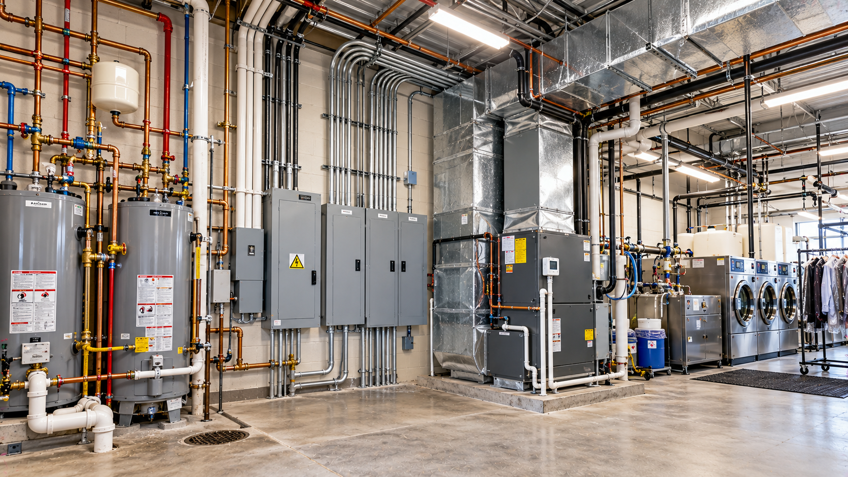 Laundromat mechanical room with plumbing and utility equipment