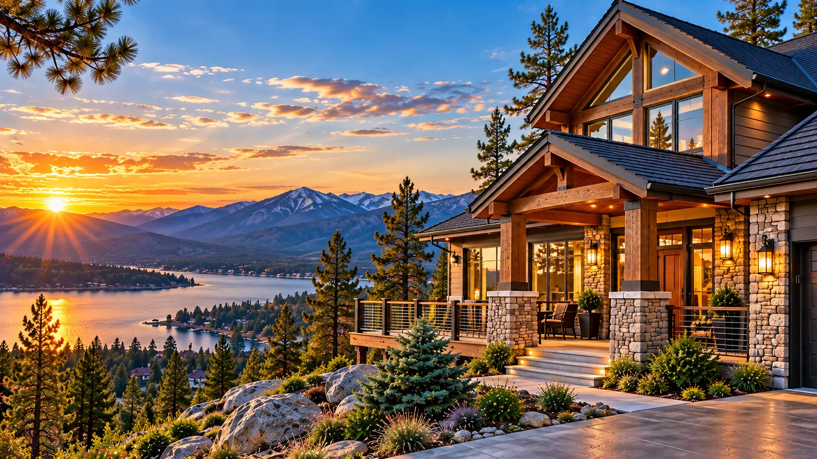 Mountain home overlooking a lake at sunset