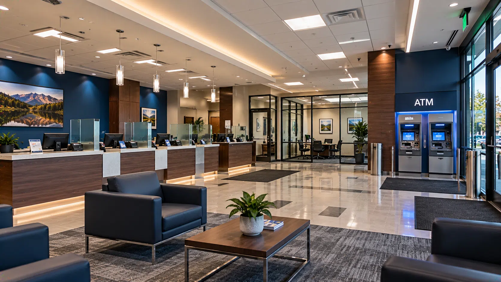 Bank lobby with teller and customer service areas