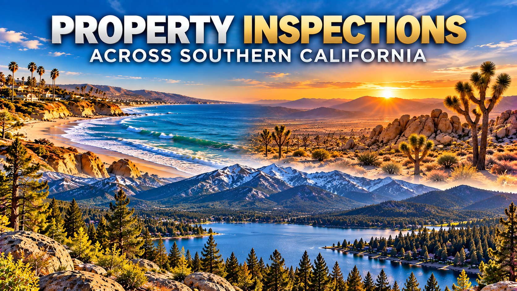 Property inspections across Southern California graphic with coast, desert and mountains