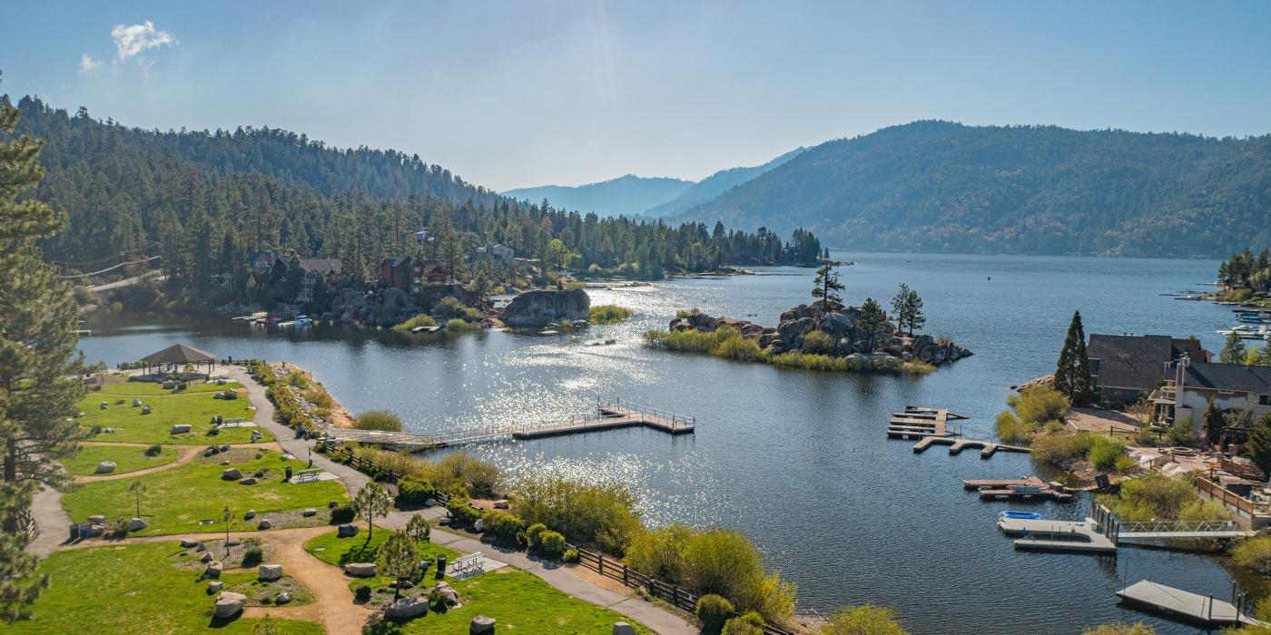 Aerial view of Big Bear Lake and surrounding mountains