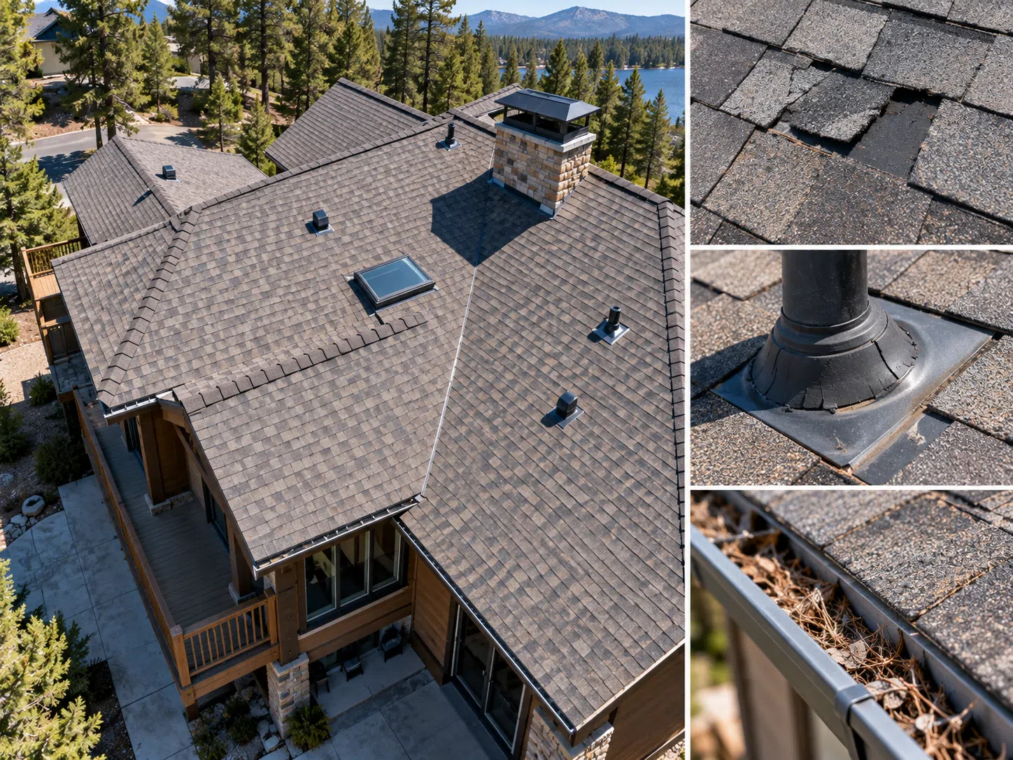 Drone view of a mountain home roof during a roof inspection