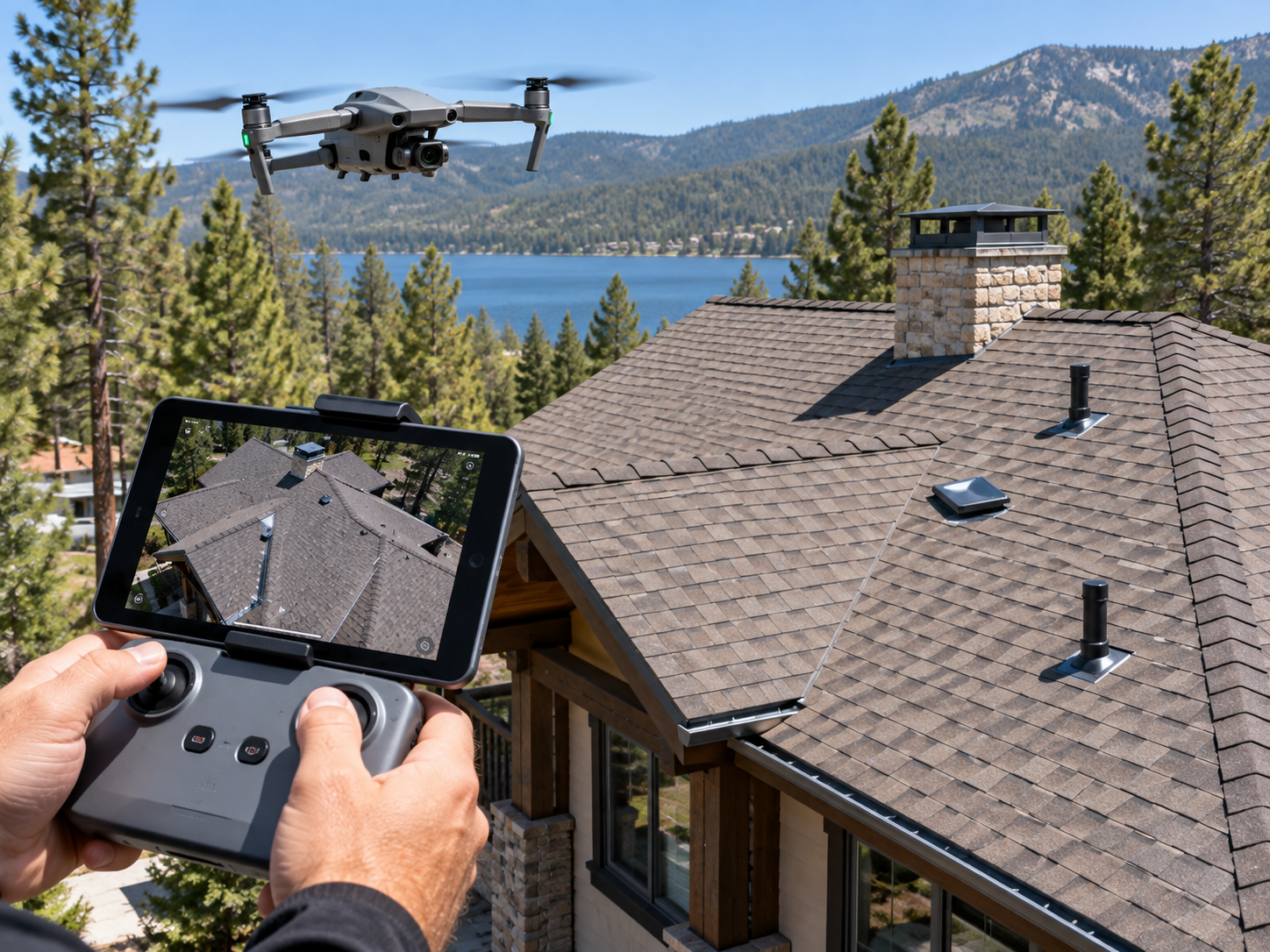 Drone inspecting the roof of a mountain home