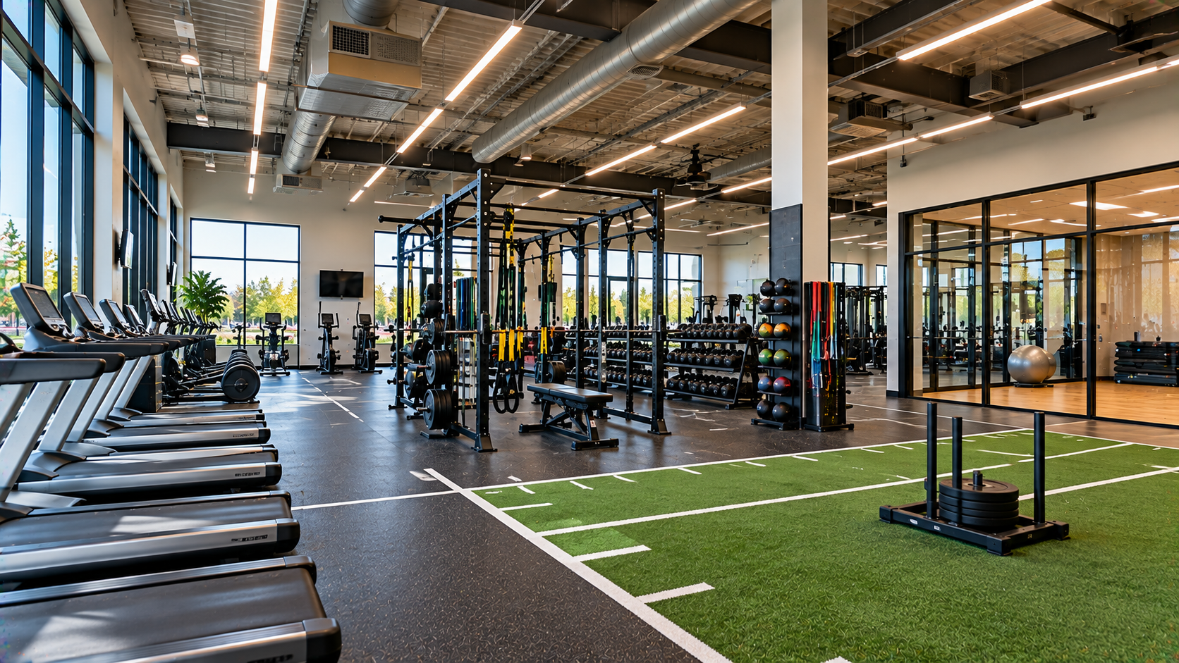 Fitness center training area with treadmills and exercise equipment
