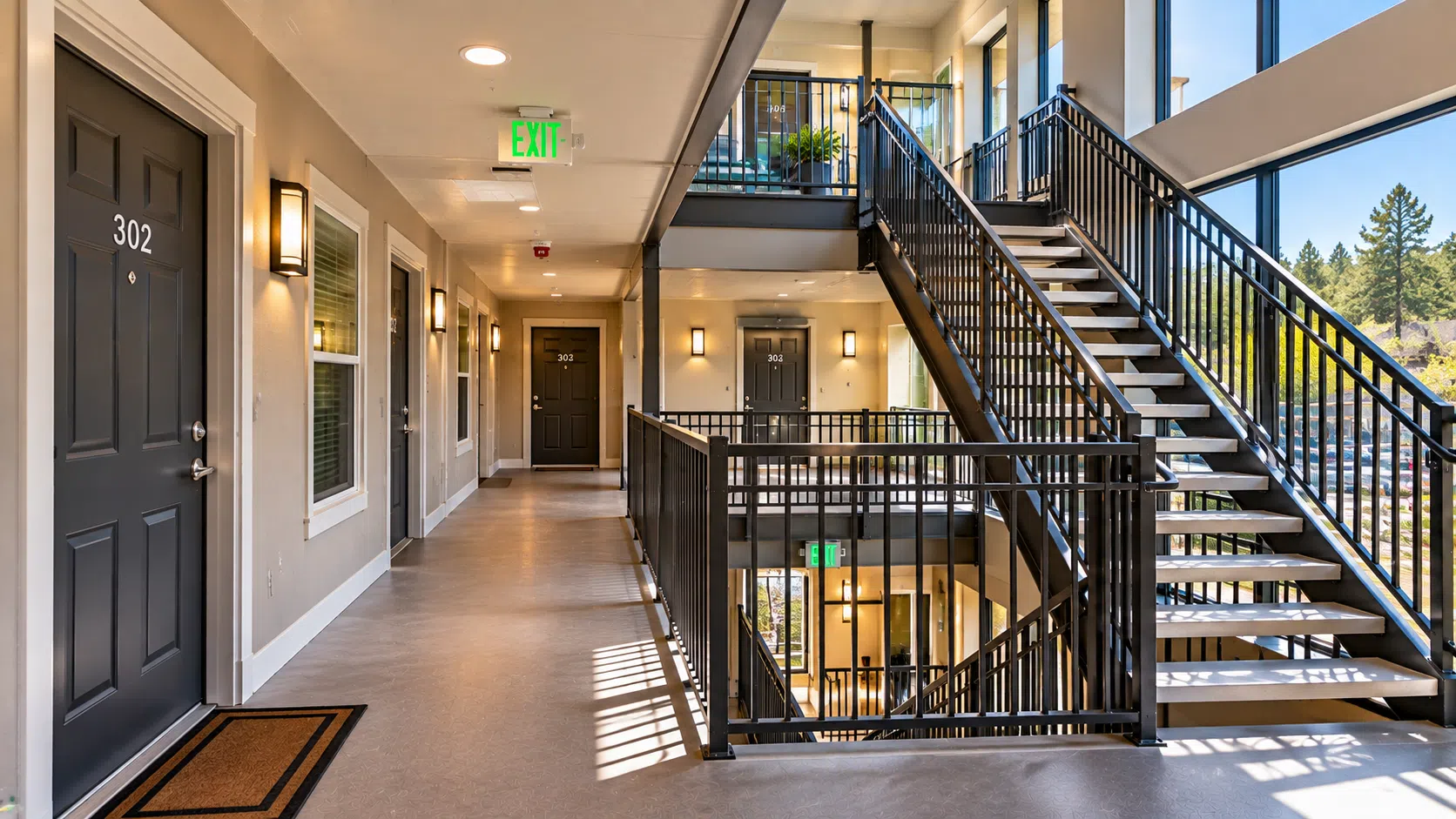 Interior corridor and stairwell of an apartment building