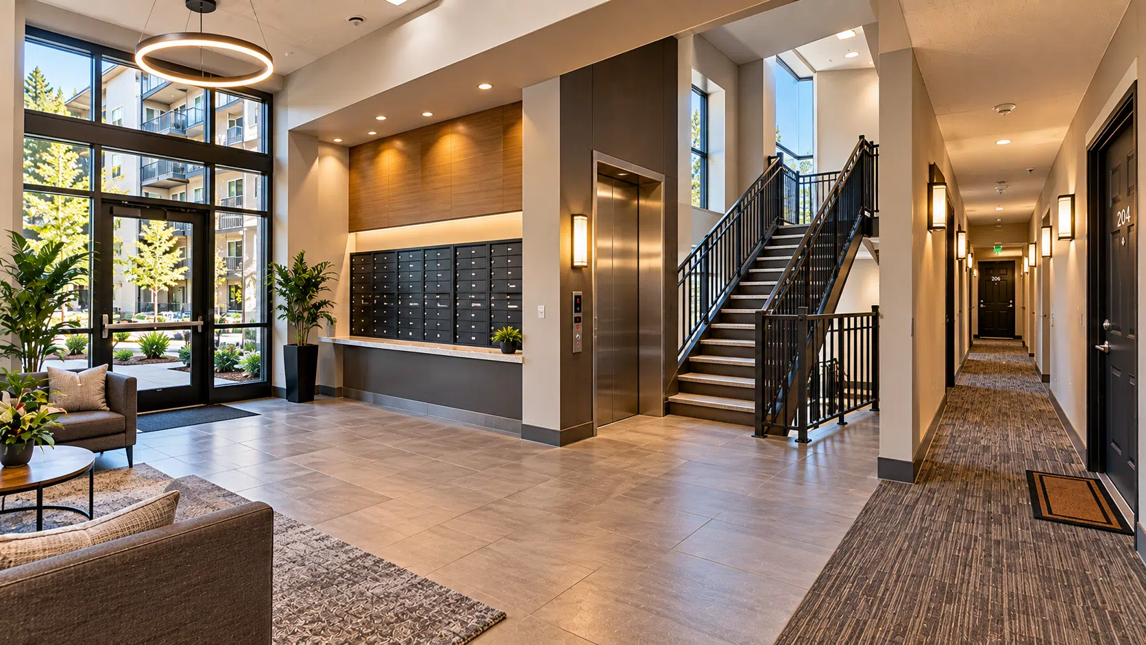 Apartment building lobby and common area