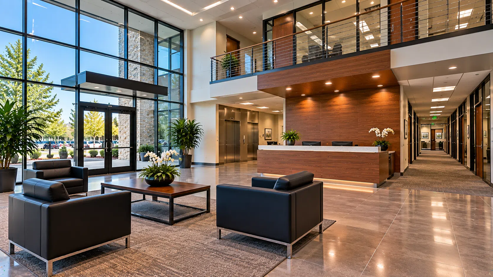 Office building lobby with seating and reception area