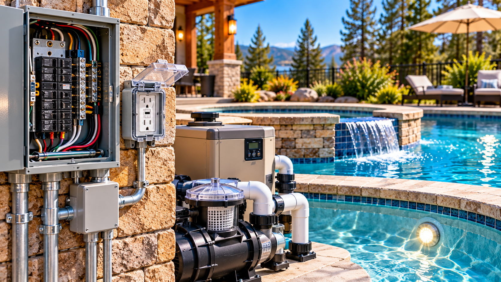 Pool equipment and electrical components beside a residential pool