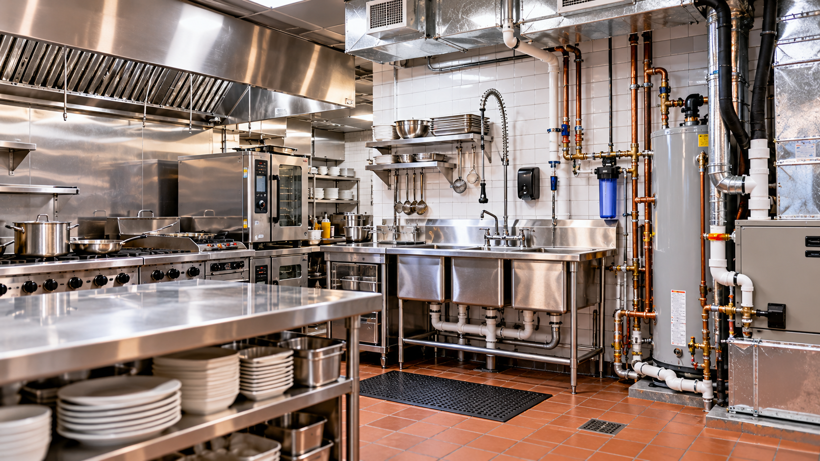 Commercial restaurant kitchen with cooking and ventilation equipment