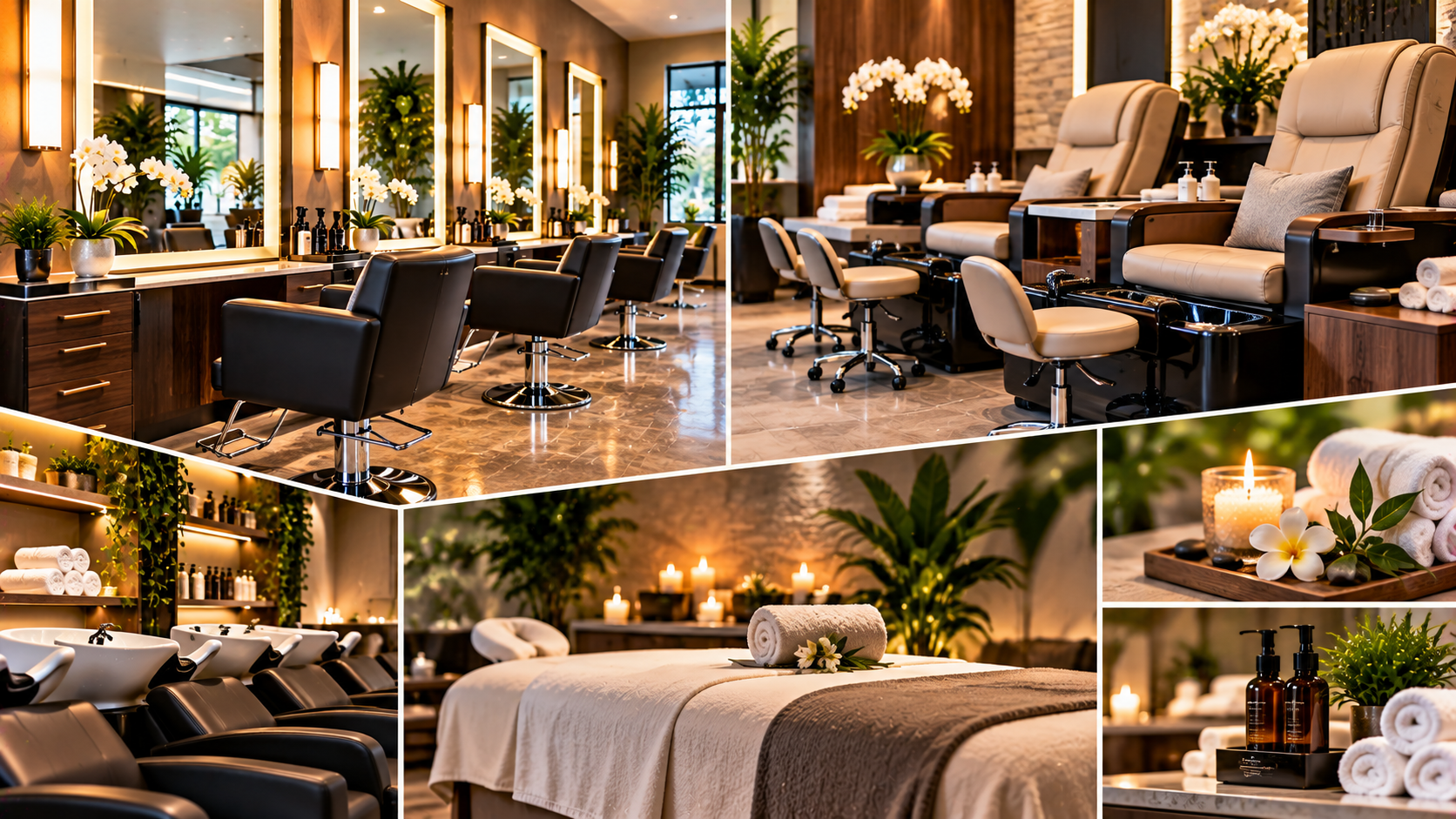 Collage of salon and spa treatment areas