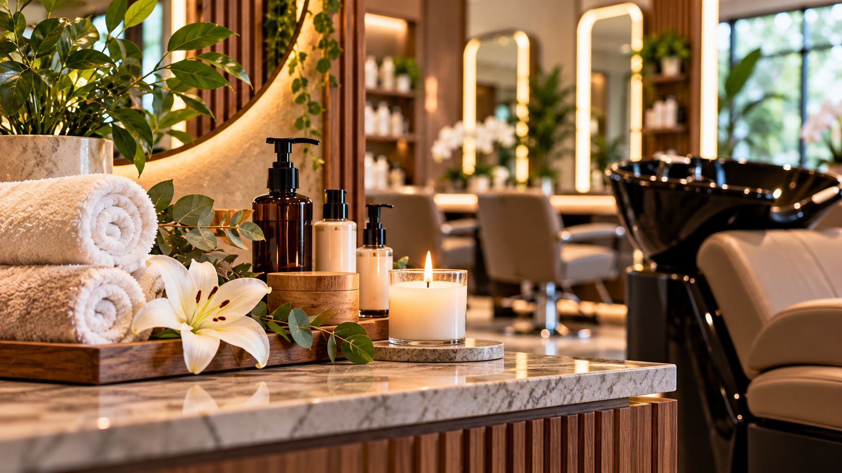 Salon counter with towels and beauty products