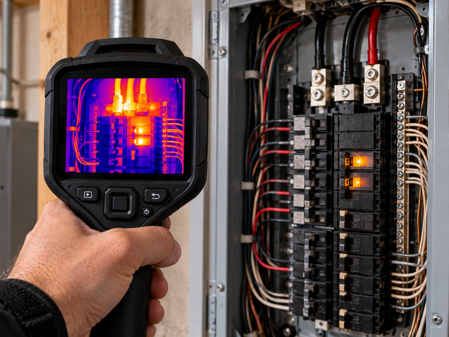 Thermal imaging camera scanning an electrical panel