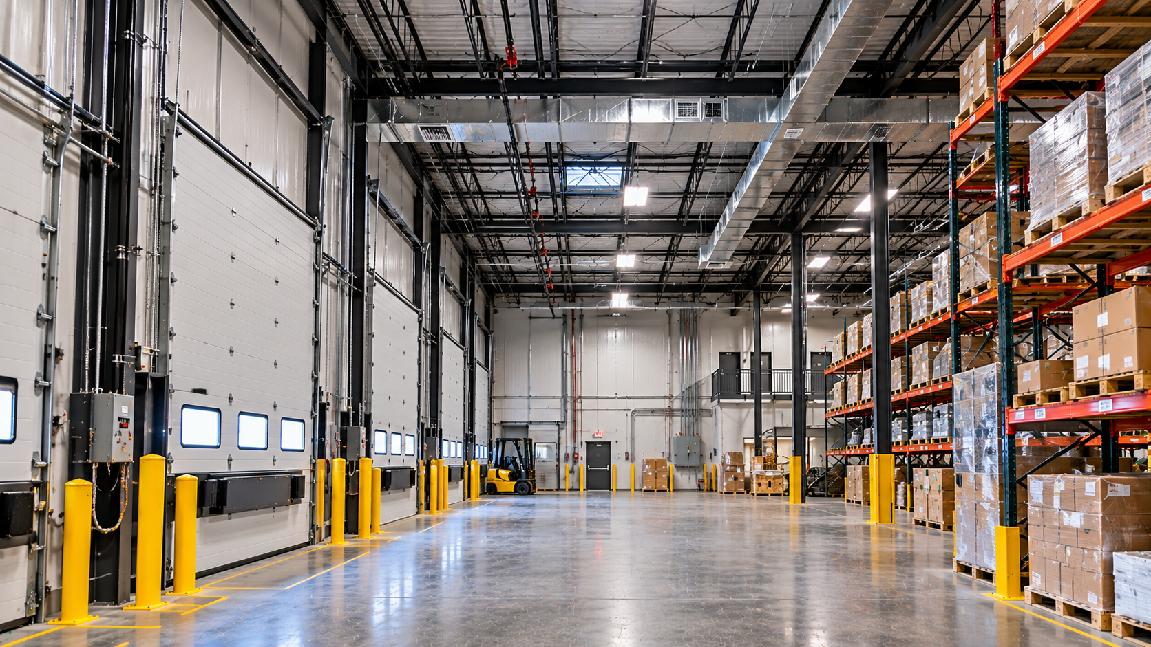 Warehouse interior with storage racks and high ceilings